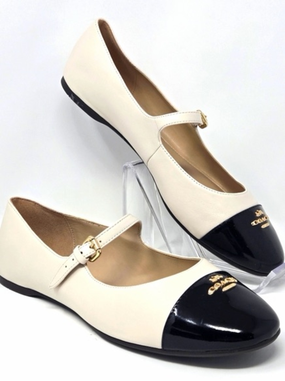 Coach Cream Leather Mary Janes with chalk/Black Patent Cap Toe and Gold Logo - Picture 3 of 11